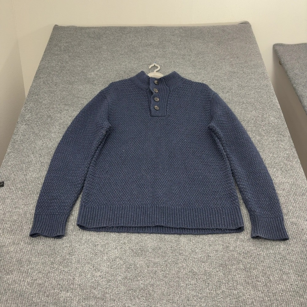 Schott Bros Sweater Men XL Blue Wool Blend Elbow Patches Button Mock Neck Casual
